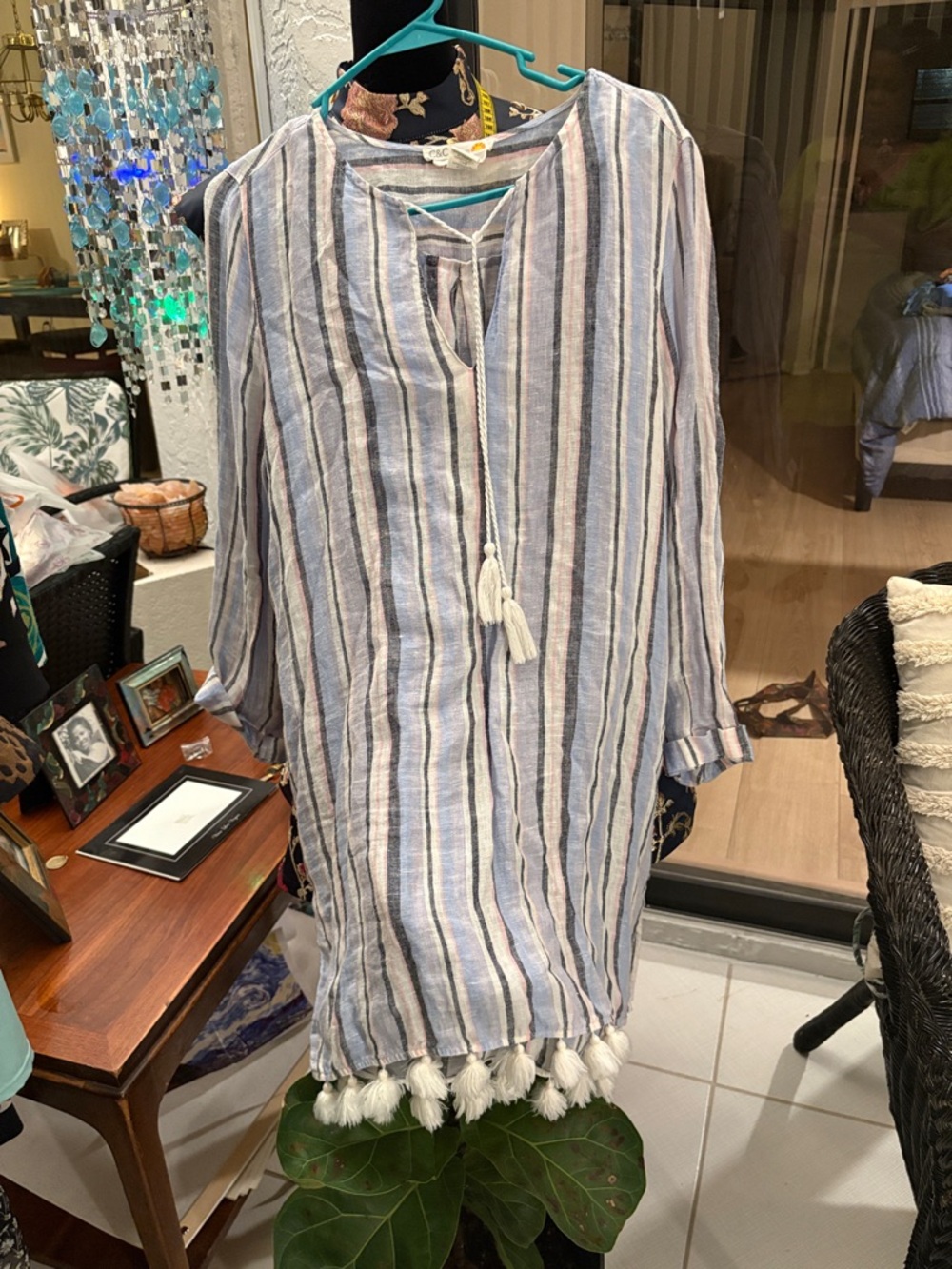 C&C California Striped Tassel Swim Coverup in White, Blue, and Gray